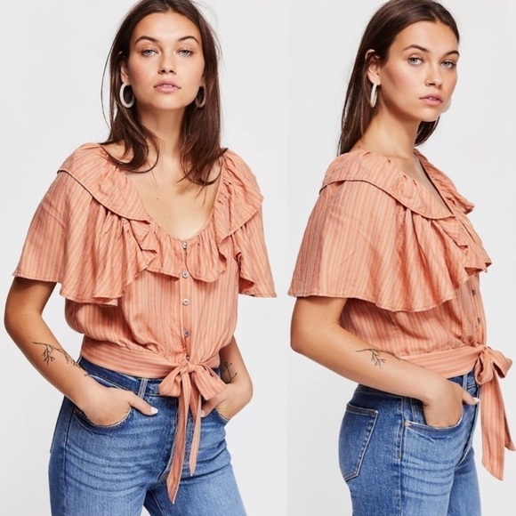 FREE PEOPLE Rosemary Tie Font Crop Top Ruffle Sleeves and Buttons Medium - Picture 1 of 9